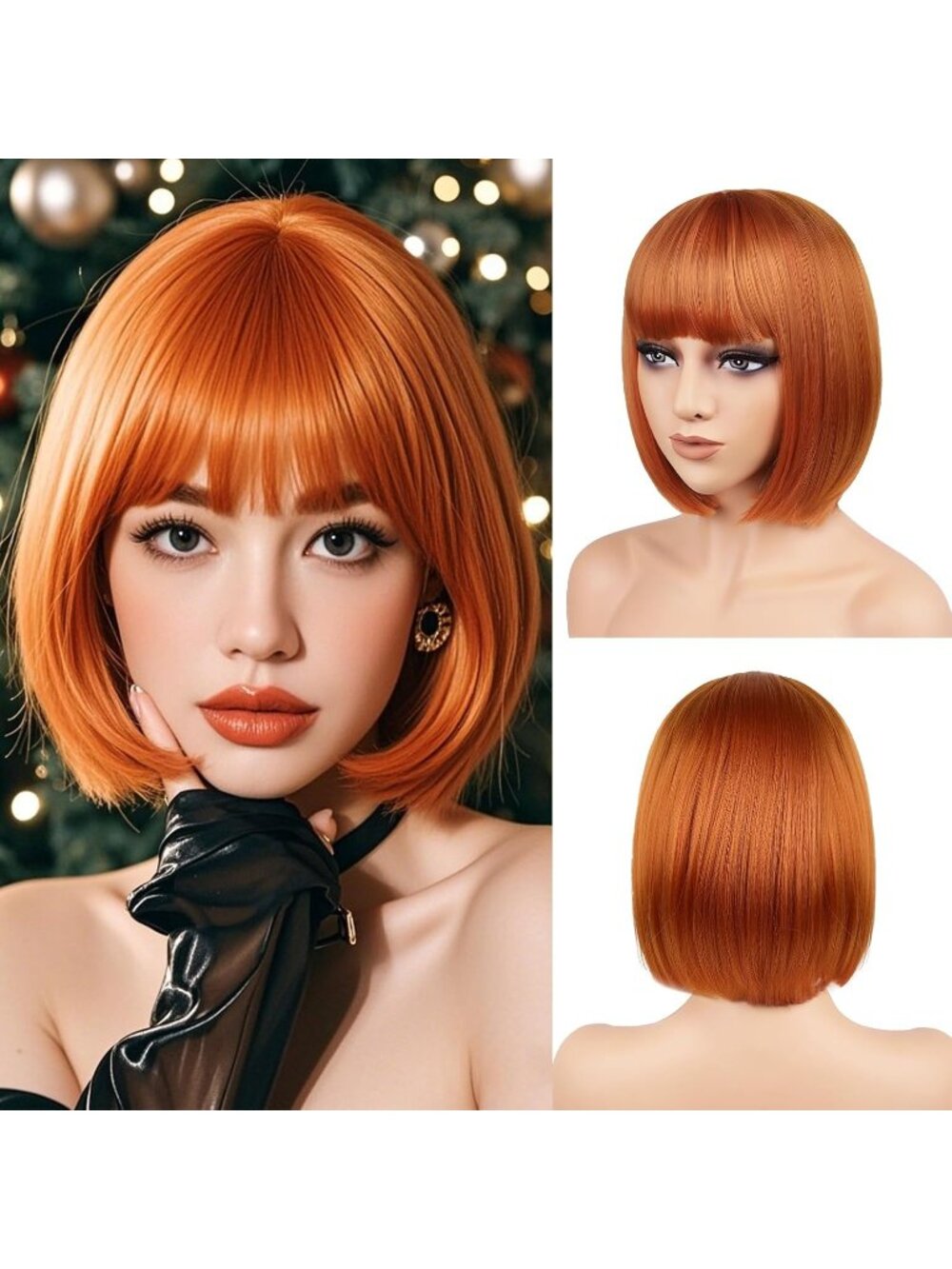 Women Dark Orange Heat Resistant Synthetic Bob Party Neon Wig Bangs 12 Inch